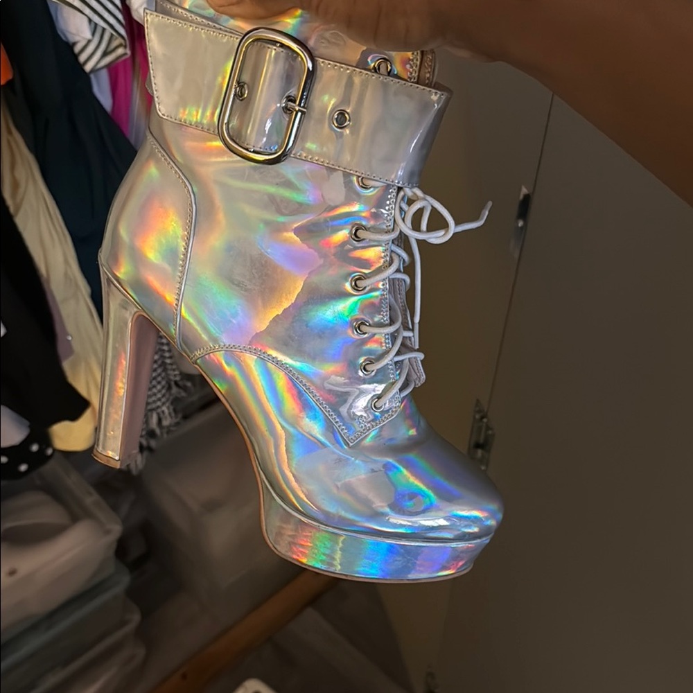 Iridescent Lace-Up Ankle Boots